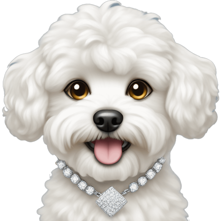 White maltipoo dog wearing a diamond necklace emoji