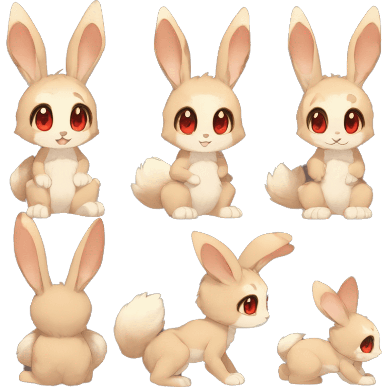 Cute, Chibi, Kemono-style, Anthro, Fur-Sona, Dark-Brown, Normal-type-Ground-type Tan-Rabbit-Fakémon with Dark-Red eyes, beige belly, beige paws, beige feet, beige freckles, full body emoji