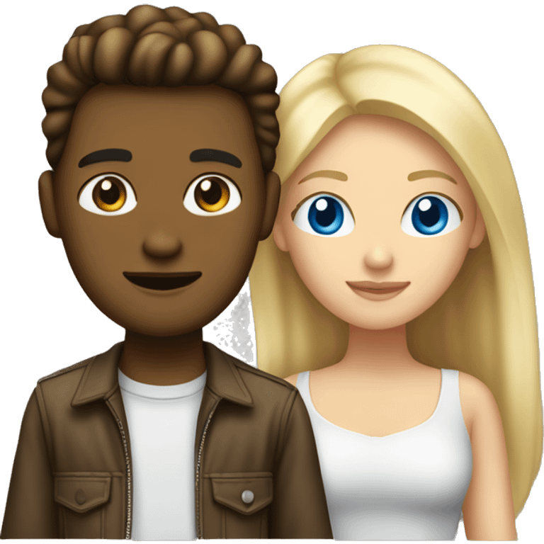 A blonde girl with blue eyes falling in love with a brunette guy who looks like from the 90s emoji