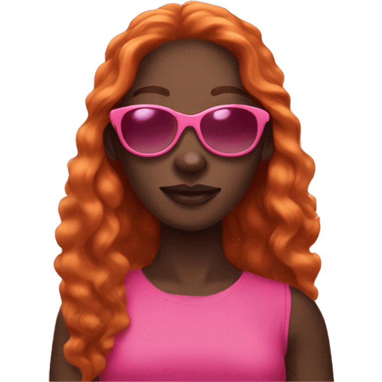 Dark skinned Lady wearing pink sunglasses, long ginger hair, emoji