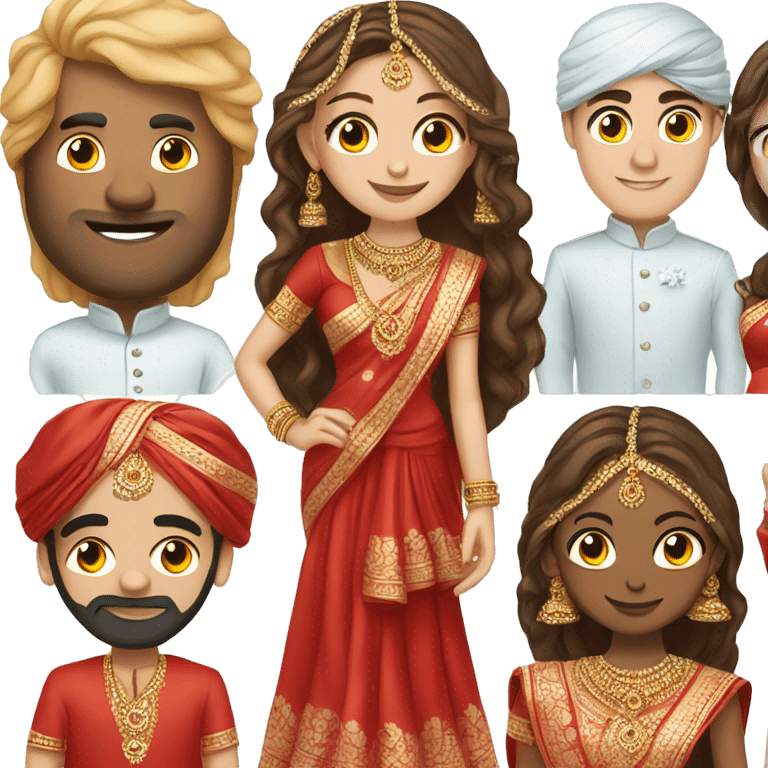 indian groom with long hair and white skin bride with blue eyes and same traditional red saree emoji