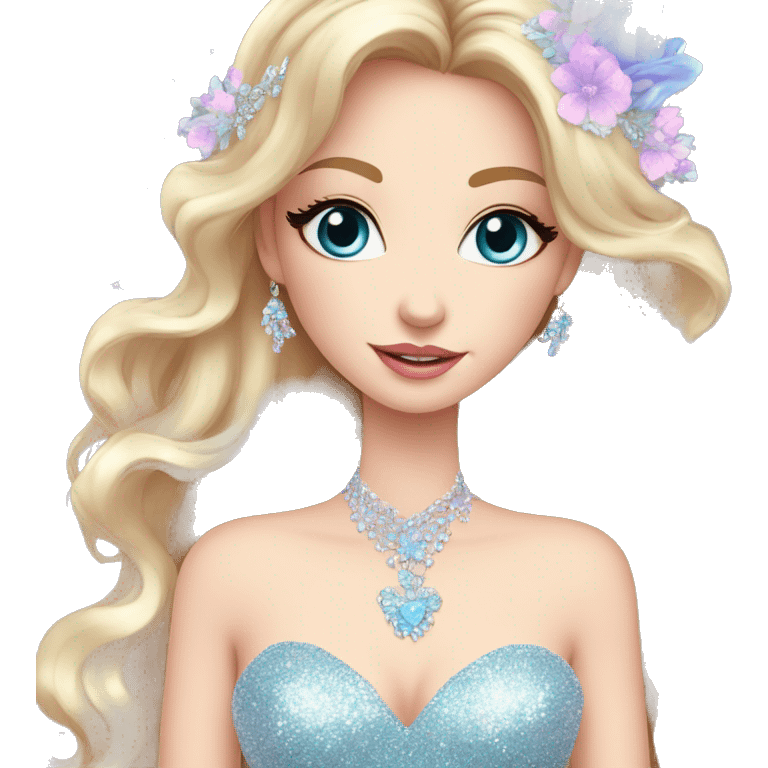 Gorgeous pastel Lady with blue eyes in a sparkly shiny dress with tiara and necklace and flowers behind her and trending  emoji