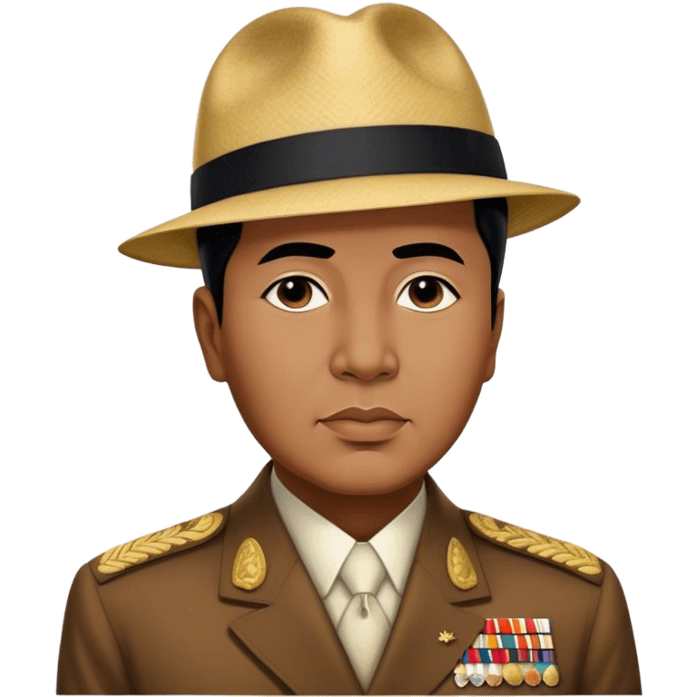 ​Cinematic Realistic Portrait of Sukarno, depicted in a lifelike, realistic style based on his iconic portrait, showcasing his thoughtful, charismatic expression in period attire, rendered with detailed textures and warm, evocative lighting that captures his pioneering spirit and national pride, emoji