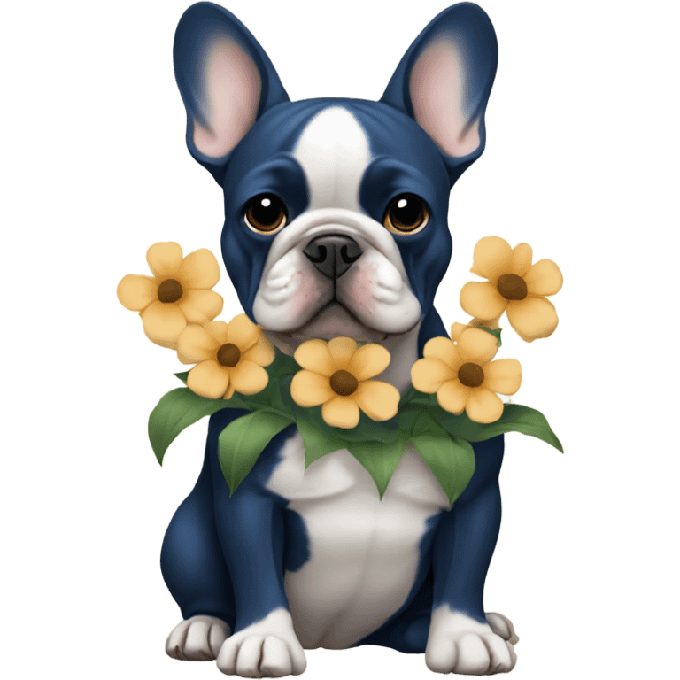 dark blue and tan french bulldog holding flowers emoji