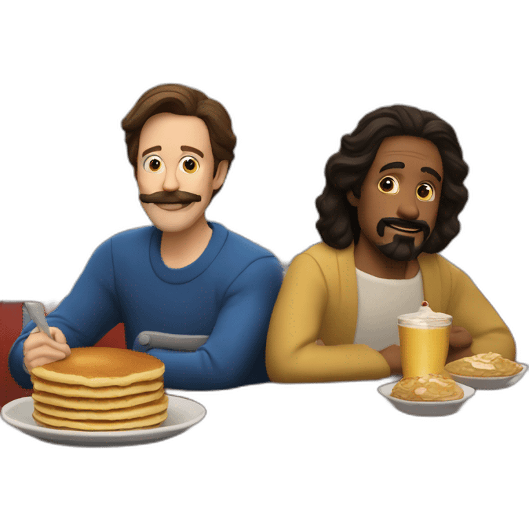 Jesus and Ted Lasso have pancakes at the diner emoji