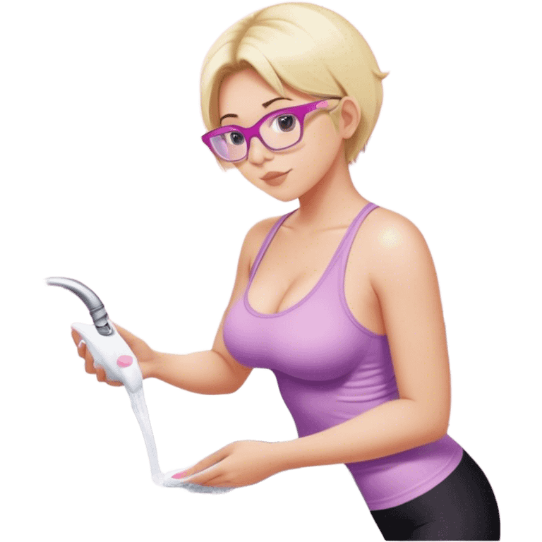 Thick fair skinned woman, short blond hair, small light purple reading glasses, washing dishes at the sink, sheer pink tank top, showing natural B cup breast shape SFW, black yoga pants, thick booty emoji