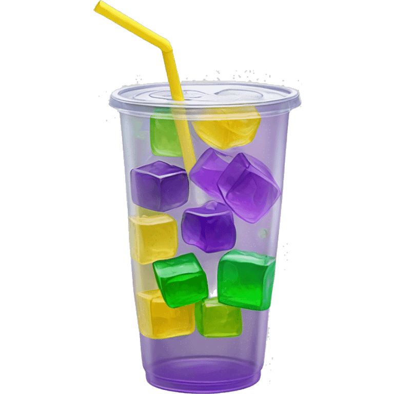 Realistic see through plastic cup and lid with half full Transluscent yellow, green ,purple soda,straw and large ice cubes inside. emoji