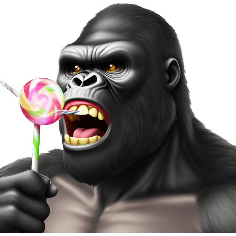 king kong lollypop in closed mouth at a rave with lazer lights flashing emoji