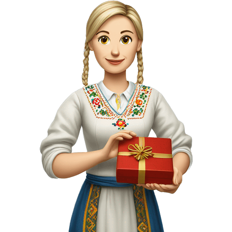 A female teacher in Ukrainian embroidery holds a gift in her hand emoji