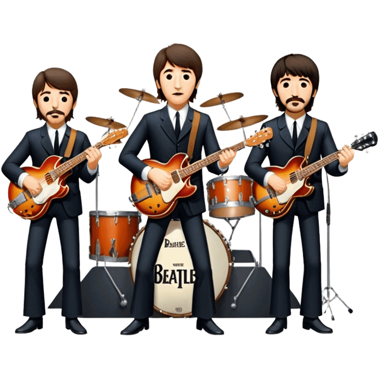 Rock music icon: The Beatles performing live on stage. John Lennon with guitar, Paul McCartney with bass, George Harrison with guitar, Ringo Starr on drums. Bright lights, energetic performance. Transparent background. emoji