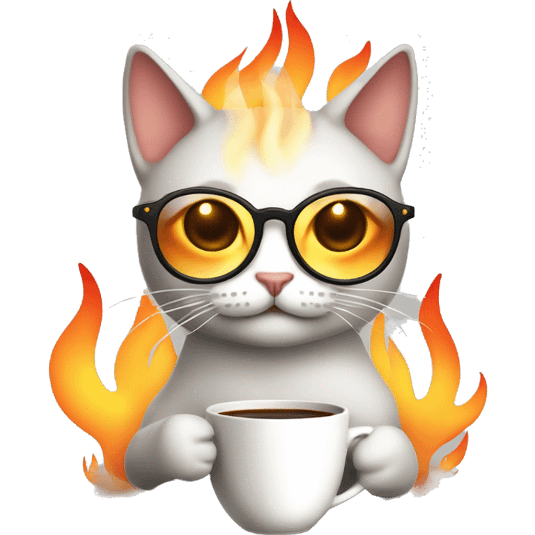 Illustrate a calm cat with glasses, holding a coffee cup, surrounded by flames. The cat has a relaxed expression with closed eyes, unfazed by the fire. emoji