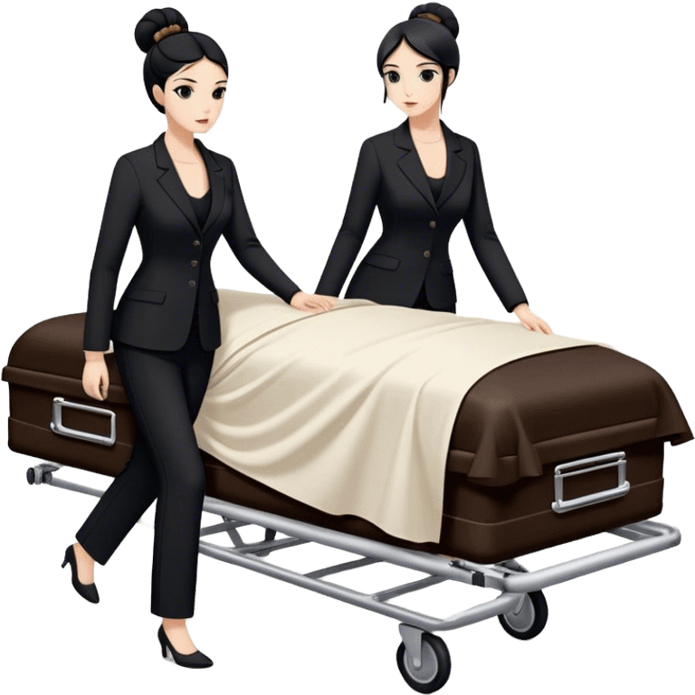 Two woman in black pants suits. One has black hair in a bun and one has brown long hair. They are pushing a stretcher with a dead body on it covers in sheets in to a black funeral Mercedes Vito car  emoji