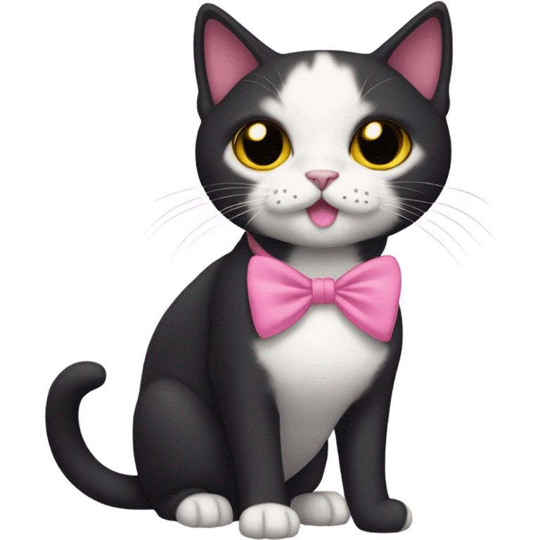 full body black shorthair cat with pink ears on the inside and yellow eyes, with a pink bow emoji