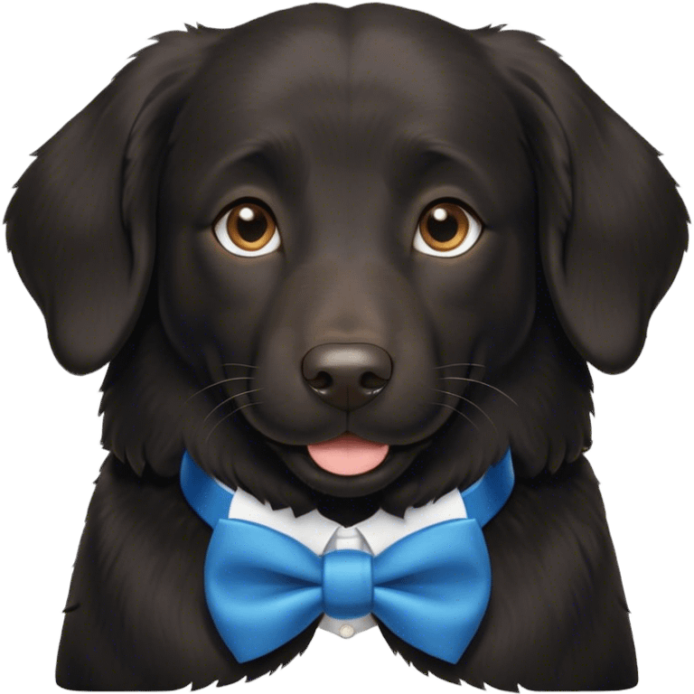 Black, flat-coated retriever, smooth fur with subtly fluffy ears, smiling face, blue bow tie collar, brown eyes  emoji