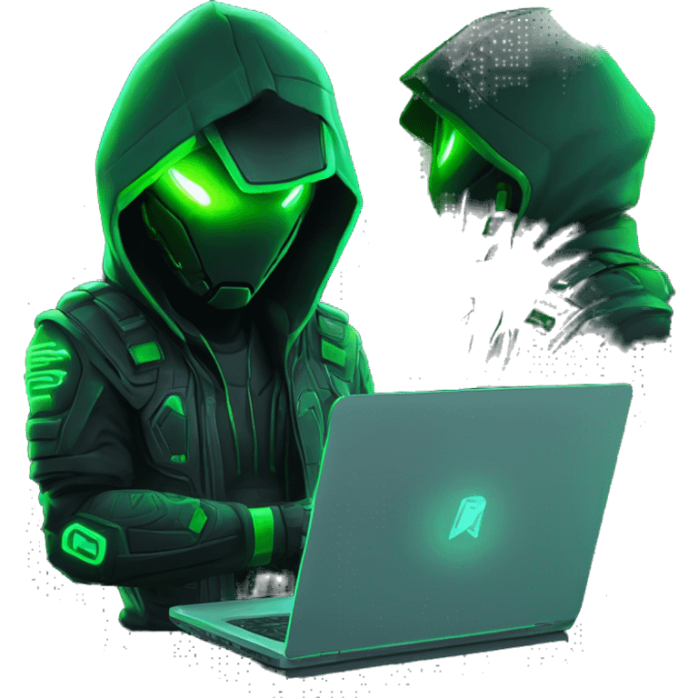 Side view developer behind his laptop with this style : crysis Cyberpunk Valorant neon glowing bright green character green black hooded assassin themed character emoji