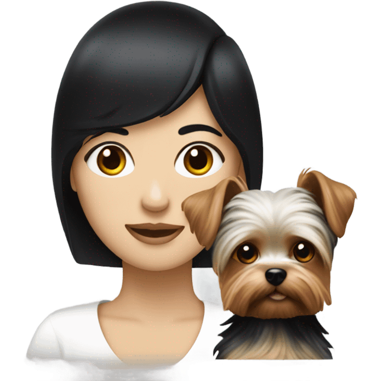 White face lady with black hair holding a Yorkie  emoji