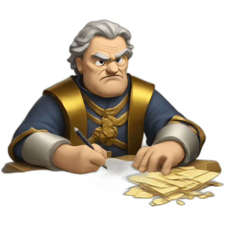 middle ages taxman, angry, writing on a paper, pile of gold emoji