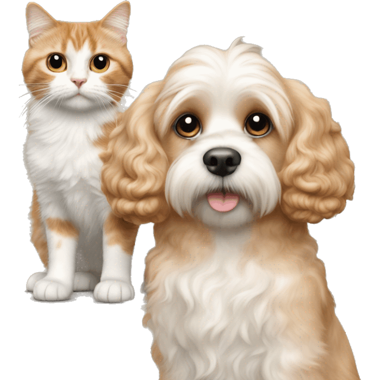 a blond apricot colored cavapoo dog standing next to a calico cat  emoji