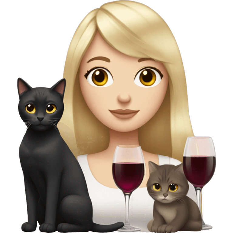 White girl with bangs, black hair and two cats drinking wine  emoji