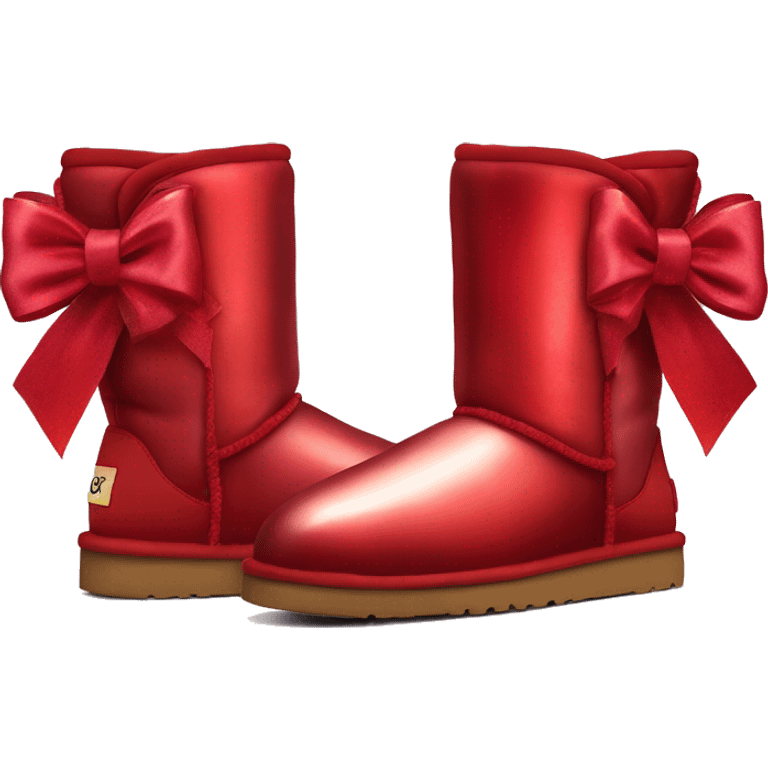 Pair of iridescent red Ugg fur boots with red silk ribbon bows. emoji