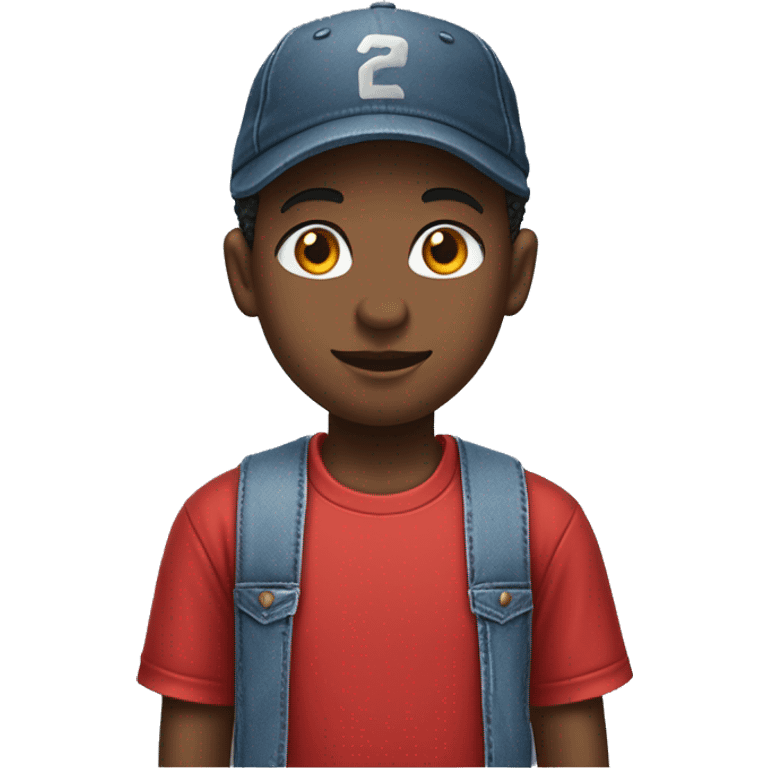 Head shot of African American Boy

Clothing: Wearing a red t-shirt with denim overalls, white sneakers, and a baseball cap turned backward emoji