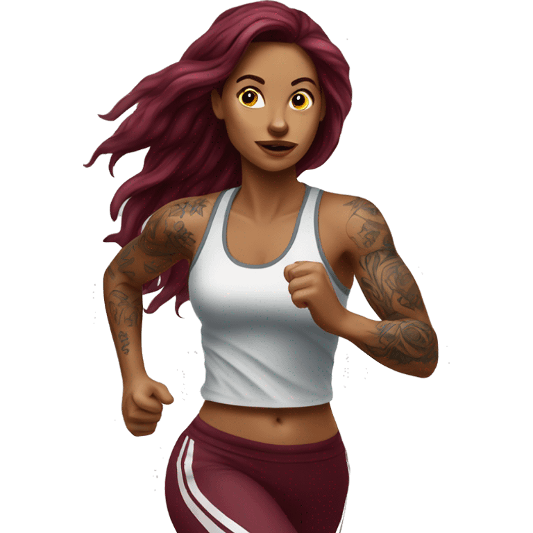 Beautiful tattooed  burgundy long haired woman jogging emoji