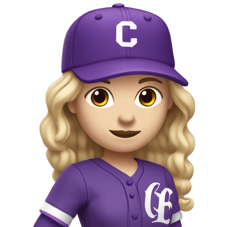 baseball card character. Blonde female long shoulder length hair. letter C logo. Purple and white uniform. emoji