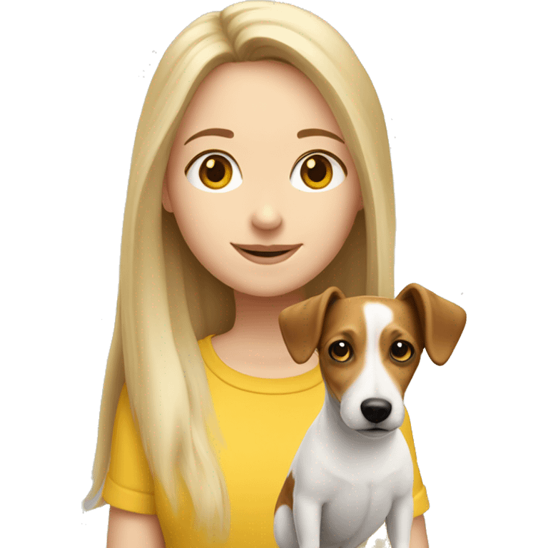 Long haired white girl wearing yellow top with jack russell emoji