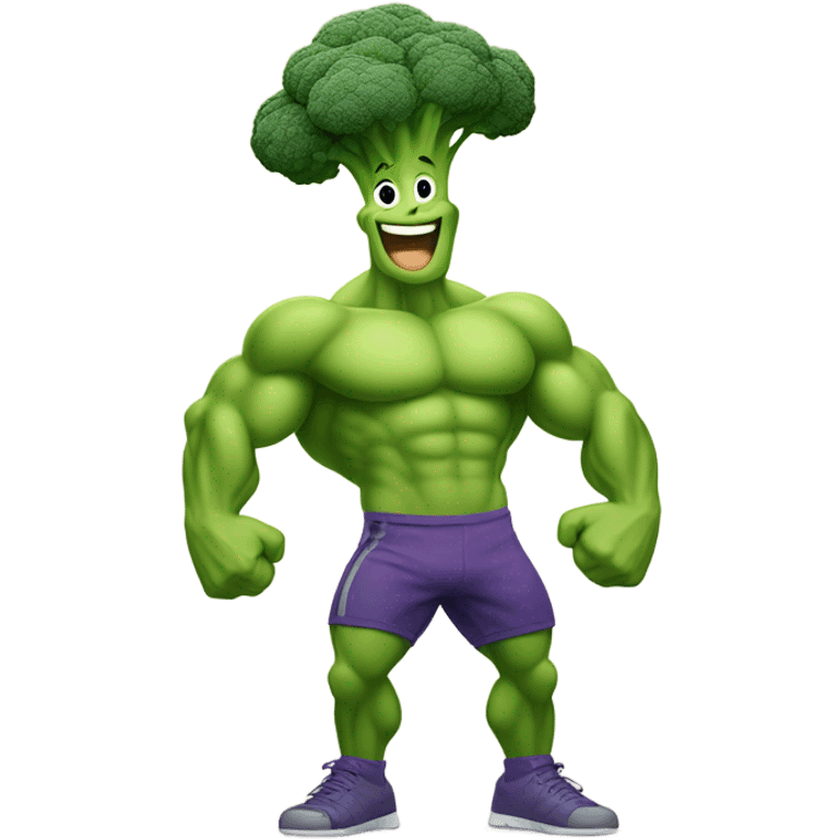 Generate a cartoonish broccoli emoji flexing its muscular arms with a confident smile. emoji