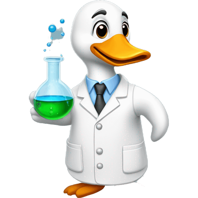 Goose wearing chemistry lab coat and has flask with chemicals emoji