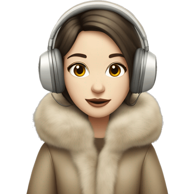 Posh pale brunette girl in beige fur coat and fur headphones  emoji