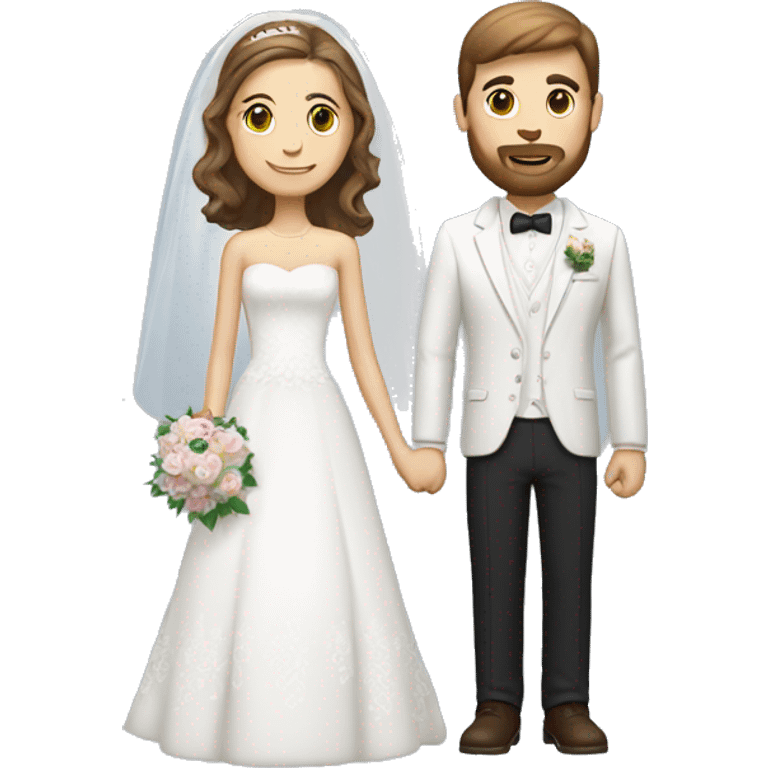 white groom with short straight brown hair with short beard on the left side and white bride with long brown hair on right side  emoji