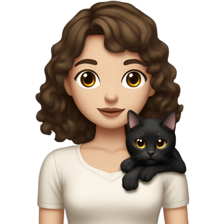 tall skinny brunette haired girl with brown eyes medium wavy hair and curtain bangs holding fat black cat with white spot on its belly emoji