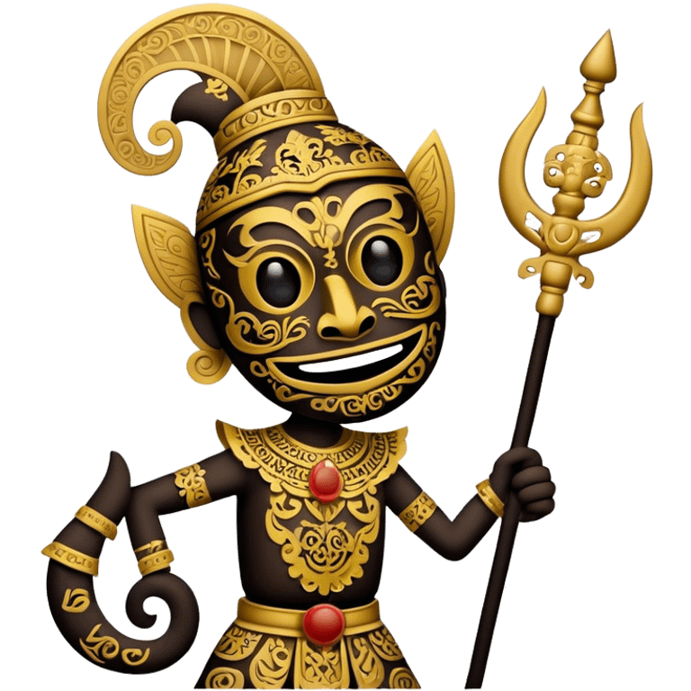 Cinematic Realistic Wayang Kulit Emoji, depicted as an intricate shadow puppet with detailed cut-out figures and traditional patterns, rendered with crisp textures and dynamic cultural lighting that captures its ancient artistry. emoji