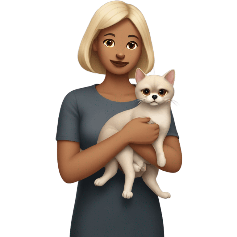 Woman in the right arm is holding a sphinx grey cat and in the left arm holding a Pomeranian dog emoji