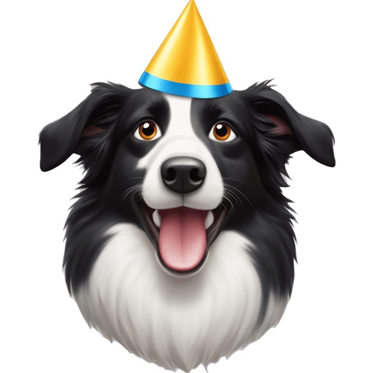 A  happy Australian Border Collie with a half-black, half-white face wearing a Birthday Party Hat.  emoji