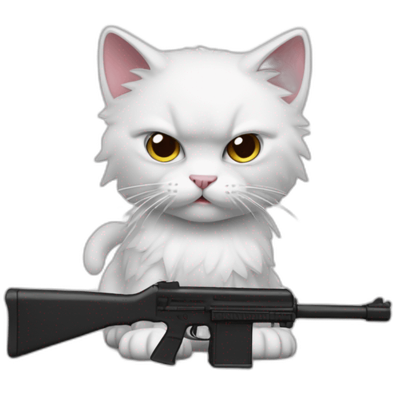 angry white cat with split black hair and tiny black mustache pointing realistic toy gun a emoji