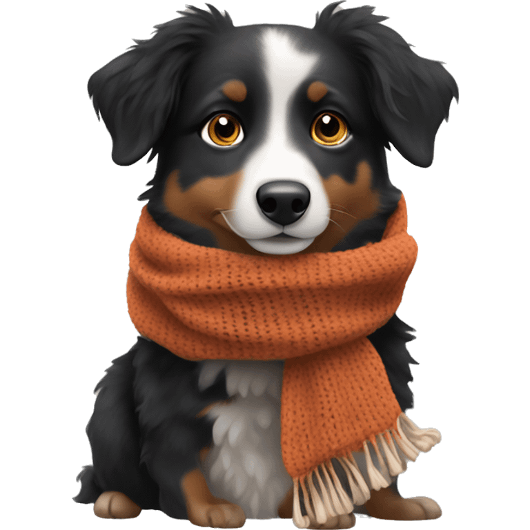 Small black australian shepherd dog wearing a knit scarf emoji