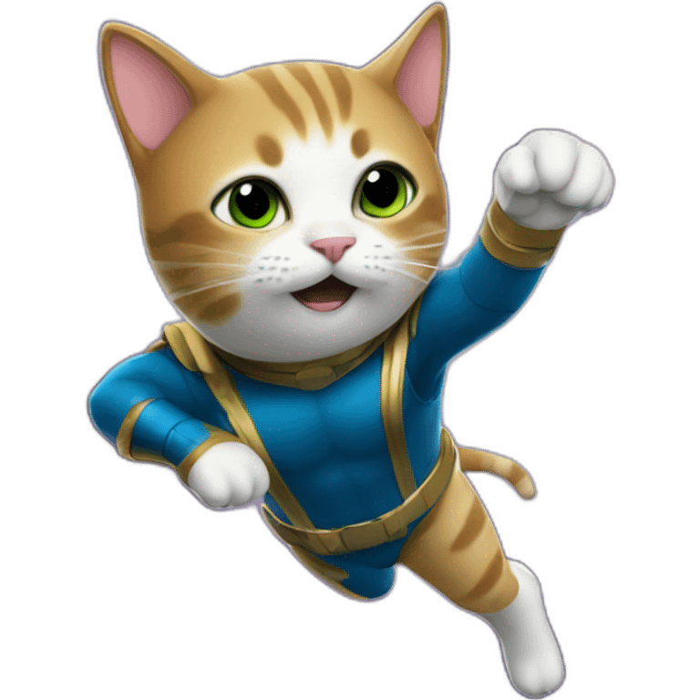 a cat dressed as a super hero diving into the galaxy emoji