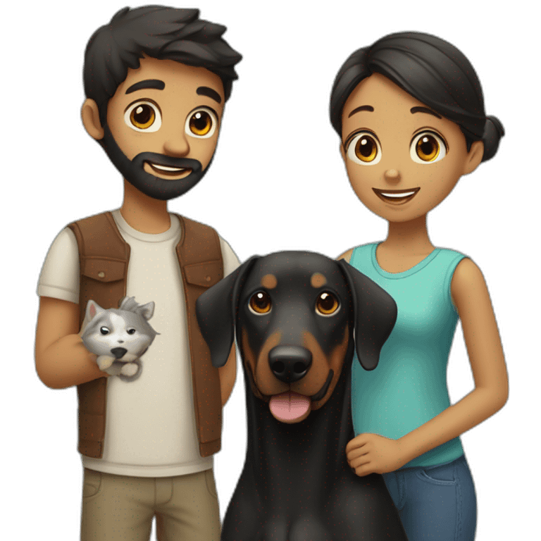 A boy with beard and with a beautiful girl playing with a boy Doberman dog emoji