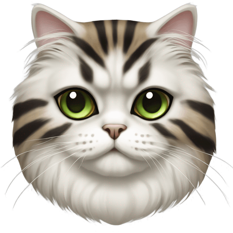 Brown, black stripes, white patches,  Persian cat with green eyes emoji