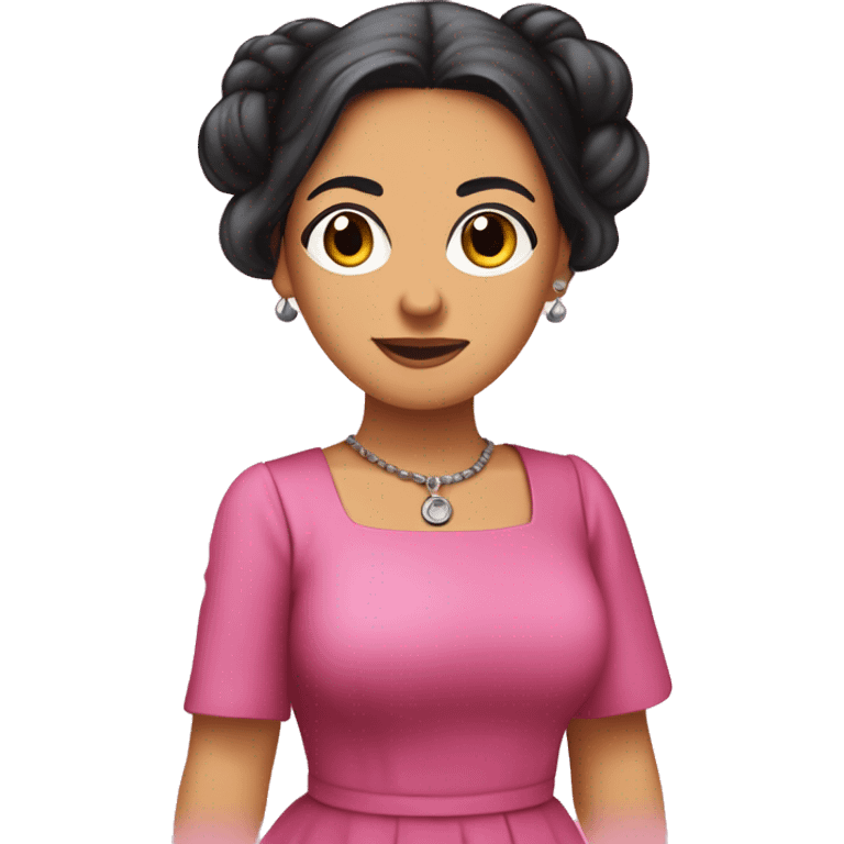 Mariana Bracetti Cuevas was a patriot and leader of the Puerto Rico independence movement. Pink dress. 2 pigtails. Dark hair older woman. emoji