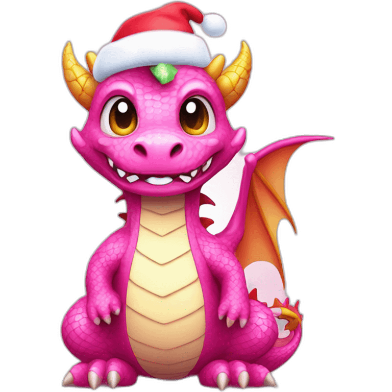 Pink dragon, wearing sweater and Christmas hat. charming happy kawaii style, colorful, clear outline, vector, simple white background, 8k, 3:2 emoji