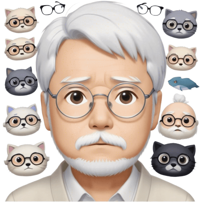 ​Cinematic Realistic Portrait of Hayao Miyazaki, depicted with striking white hair, defined black eyebrows, and large rectangular glasses, his thoughtful expression rendered in lifelike detail against a background of whimsical Studio Ghibli-inspired sketches, illuminated with soft, realistic lighting that emphasizes his creative genius, emoji