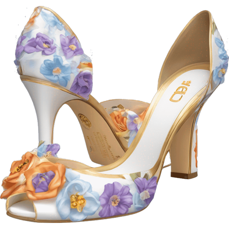 Dolce and Gabbana white high heels with colourful lavender light blue orange pink summer print and golden detais 2023 emoji