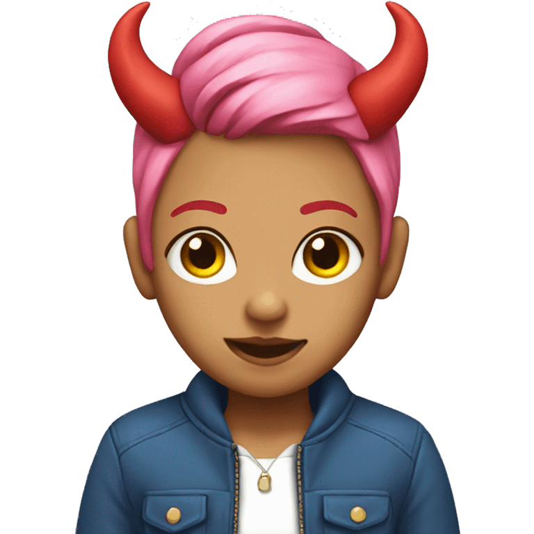 Girl with pink hair and red devil horns and a blue jacket emoji