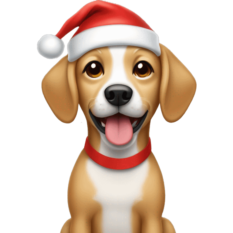 Small happy Tan dog with floppy ears in a Santa hat emoji