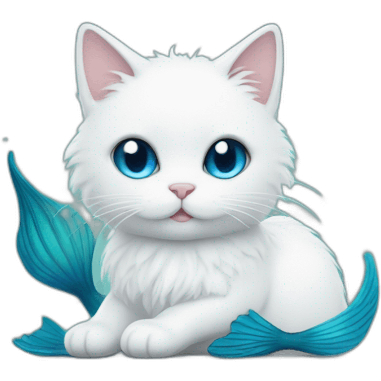 white fluffy cat with big blue mermaid fish tail emoji