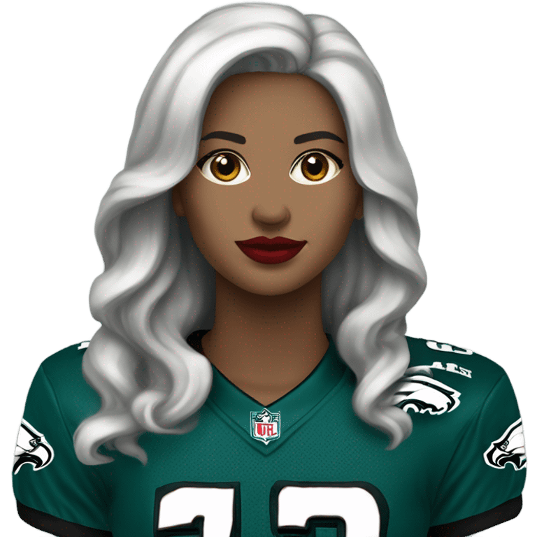 White female long dark hair red lips wearing Philadelphia Eagles jersey emoji