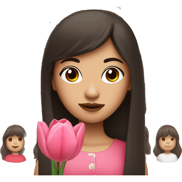 brunette girl with bangs holding a pink tulip  emoji